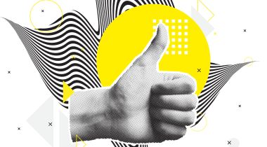 A collage of a hand in a thumbs up with abstract shapes to show the idea of a positive employee satisfaction and wellbeing 