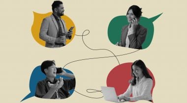 A collage of tech workers communicating clearly with one another through colorful speech bubbles to show the idea of employee well-being and open communication.   