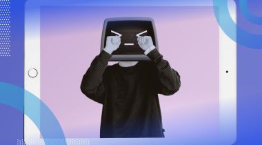 Person's body with a computer for a face. The computer screen has a crying face and the person's hands are rubbing its eyes like a baby.