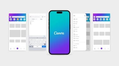 Canva mobile app interface displayed across several phone screens, including the Canva logo, search, menu and project navigation features.