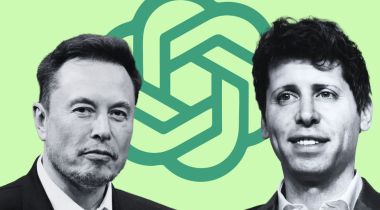 Headshots of Elon Musk and Sam Altman, superimposed over a light-green background with the OpenAI logo.