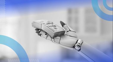 A robot hand holds a stack of $100 bills