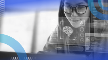A young woman looks at an AI interface