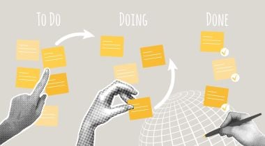 A person tracks the progress of a project using sticky notes, similar to a project management tool.