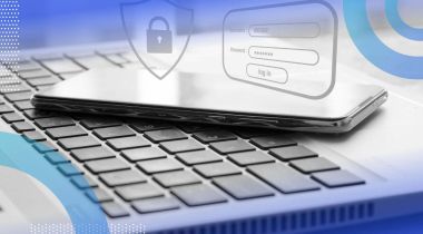 A smartphone and a laptop with cybersecurity overlays