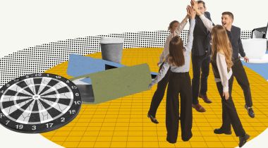 A collage of people high-fiving with images like a dart board and binders around them to show the idea of empowering employees to be successful 