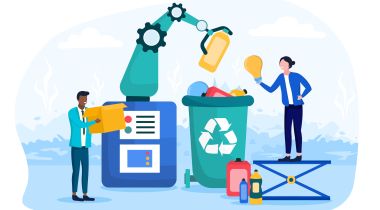 An illustration of a robot sorting recycling with two people to show the idea of working with green tech. 