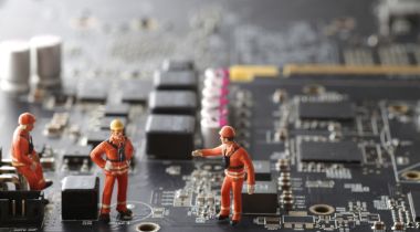 A photo of miniature construction figures working on a motherboard to show the idea of teams building software. 