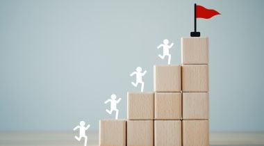 An image of blocks in a pyramid with people icons running up them to a red flag to show the idea of career growth.