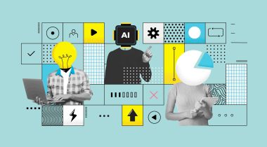 A collage of people with icons of gears, lightbulbs, graphs, buttons, AI chips and more to show the idea of an engineering team building scalable product launches. 