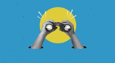Black-and-white hands holding binoculars against a blue background with a yellow circle behind them.