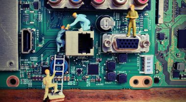 A photo of four miniature figures climbing up a motherboard for a computer to show the idea of engineering teams upskilling and engaging in professional development. 