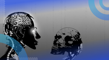 A robot holds a human skull