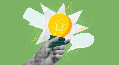 A halftone collage of a hand holding a lightbulb to show the idea of product teams coming up with new ideas and innovating. 