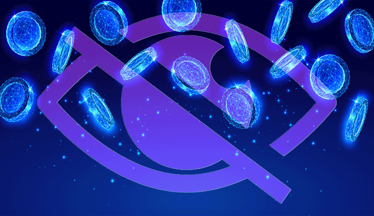 Digital coins falling over a privacy icon eye.