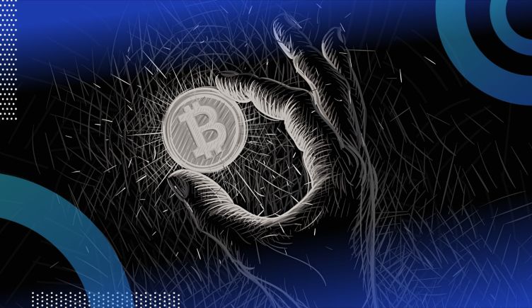 A hand holding up a single bitcoin.