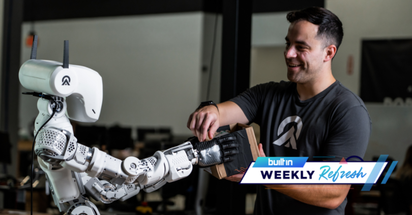 Apptronik’s human-like robot giving a package to a human employee.