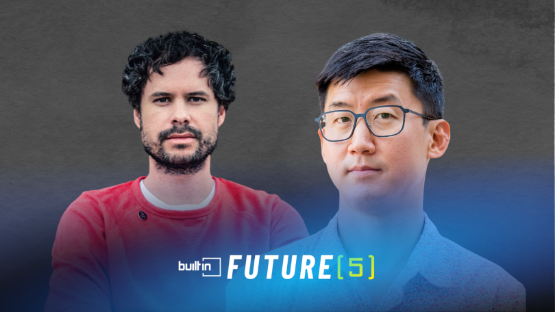 Wavlake co-founders Sam Means and Michael Rhee pose for separate photos against a grey background.
