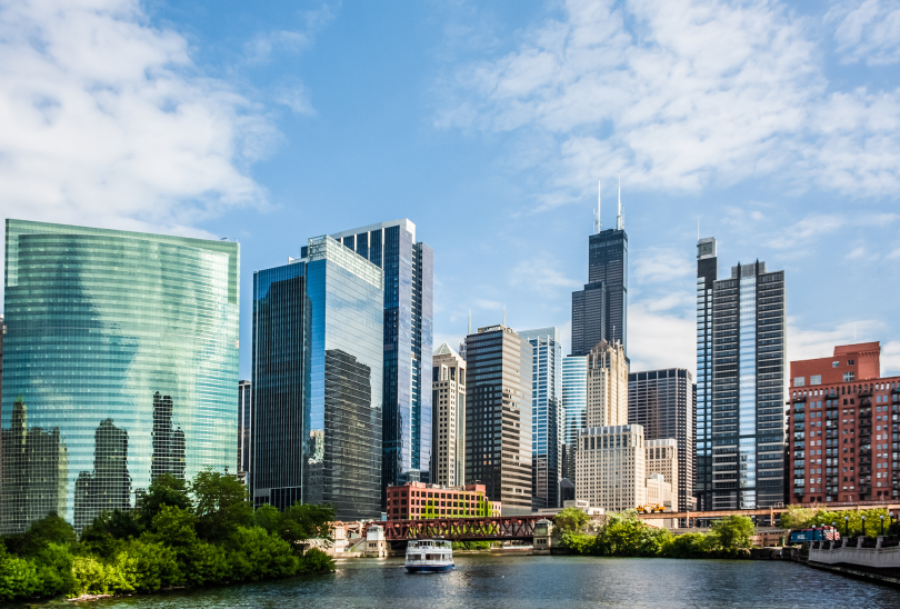 A view of the Chicago skyline from the Chicago river