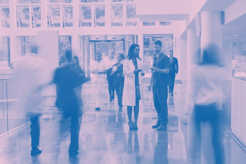 illustration of a busy hospital lobby