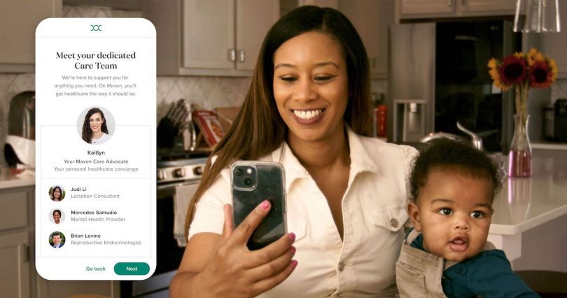 A woman holds her smartphone with her child on her lap. A nearby screenshot shows a list of virtual care providers available on the Maven platform.
