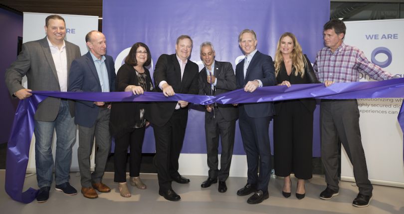 OneSpan leaders and Mayor Rahm Emanuel cutting ribbon during ceremony