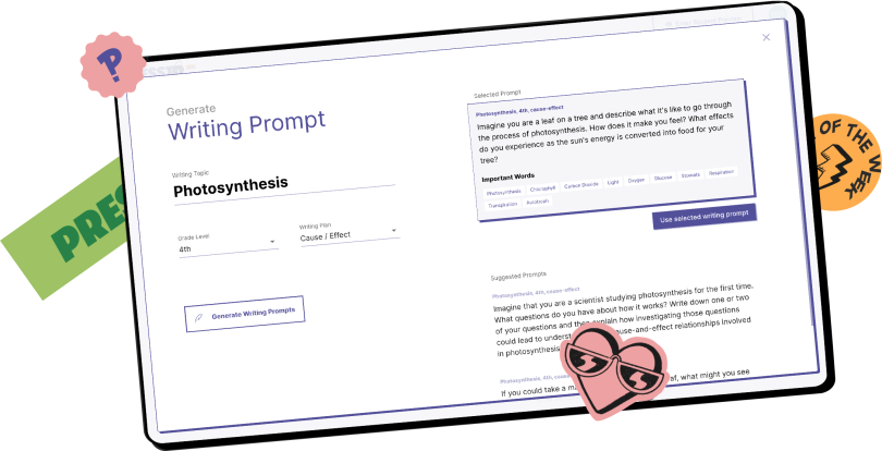 A screenshot of the Pressto platform shows an AI-generated writing prompt on the topic of photosynthesis.