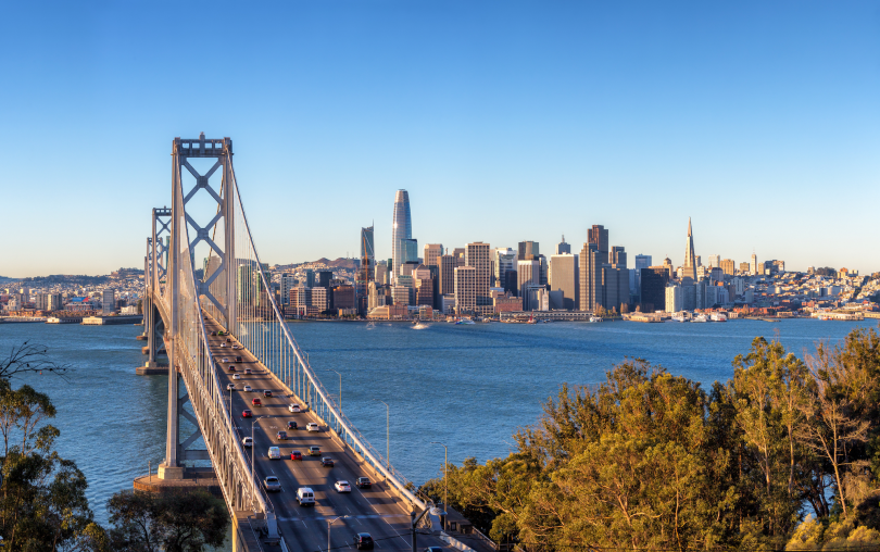 A view of the San Francisco city skyline from the Bay Bridge