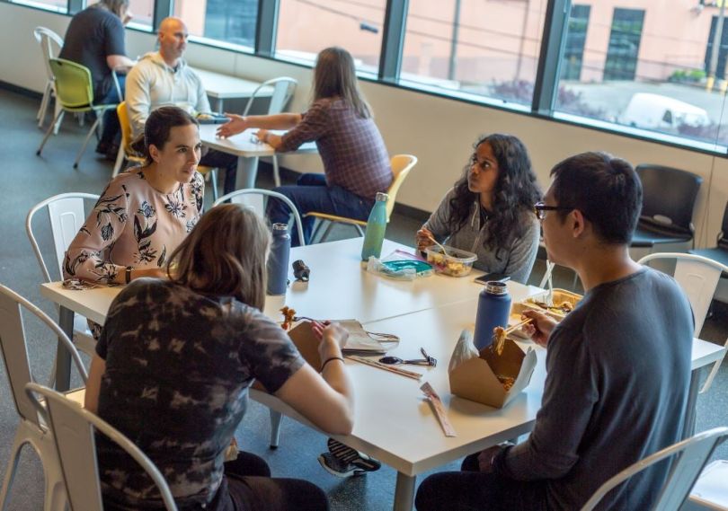 Trupanion coworkers sitting at a table eating lunch together