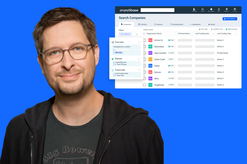 crunchbase ceo jager McConnell next to a screenshot of crunchbase's platform