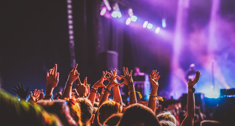A crowd of concert-goers with their hands waving in the air