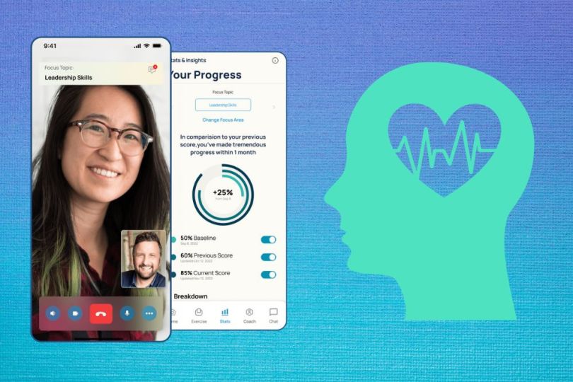 blossom.team platform on an iphone next to a head image with a heart inside it