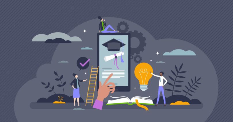 An illustration depicts a metaphor for online education with figures engaging with a giant tablet displaying a graduation cap, alongside symbols like a lightbulb and gears.