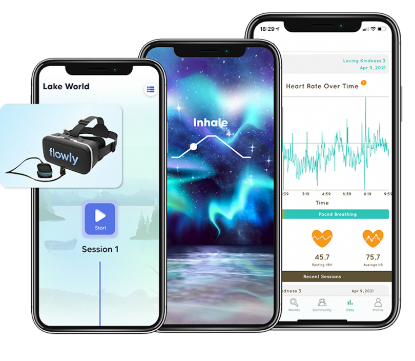 Flowly is offered as a mobile app or virtual reality experience with a headset.
