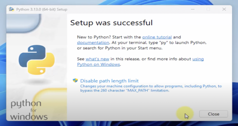 Screenshot of successful Python installation.