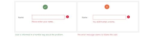 Example of error message that blames user and doesn't blame user.