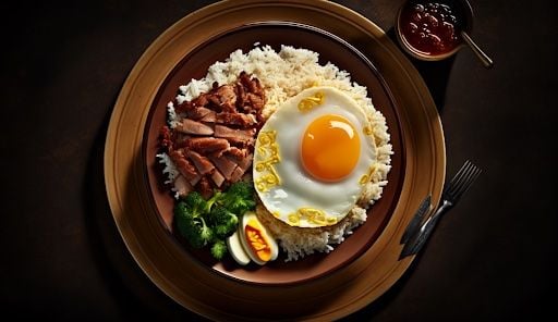 Close up image of eggs and bacon over rice generated with Midjourney V4