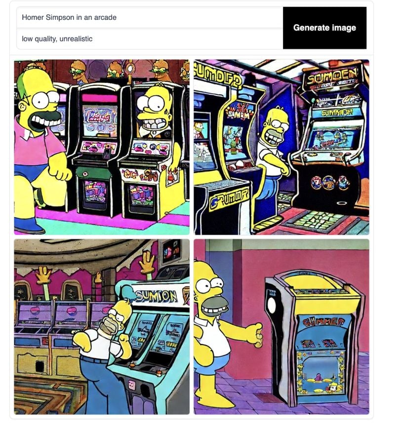 Stable Diffusion image irréaliste et de mauvaise qualité d'Homer Simpson dans une salle d'arcade