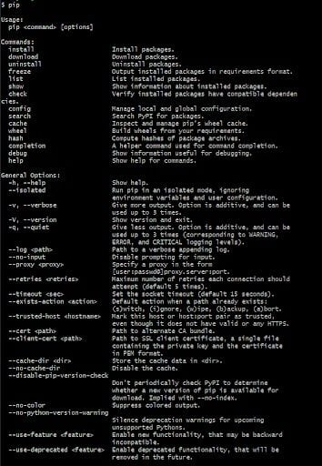 pip command not found help output in terminal screenshot