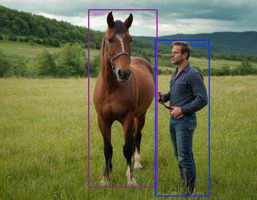 Image with a man and horse labeled with ground truth bounding boxes.