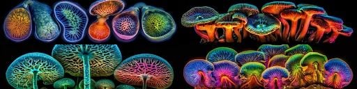 More detailed image of psychadelic mushroom cells using Midjourney V5 at stylized 1,000. 