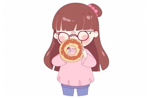 Anime cartoon girl eating a donut generated with Midjourney V5 at stylize 0. 
