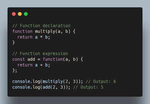 JavaScript code showing differences between declaration and expression.