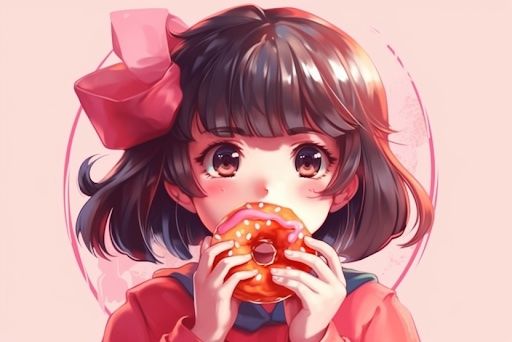 More detailed image of an anime style girl eating a donut using Midjourney V5 stylize 1,000. 