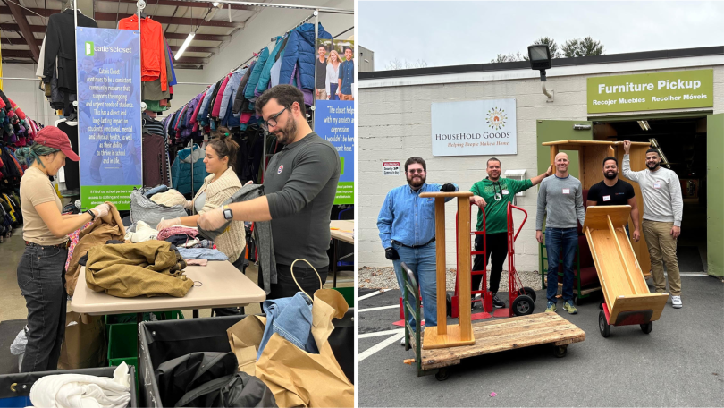 Split-screen image of CarGurus volunteers at clothing and furniture drives.