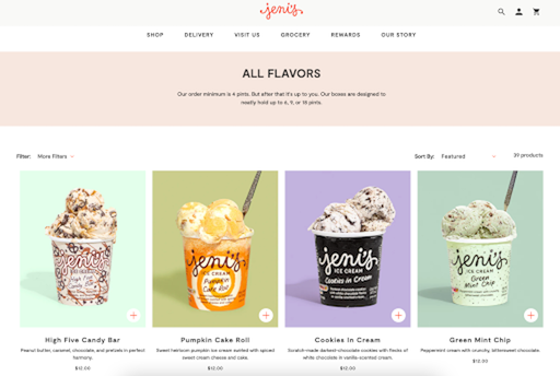 React example of Jeni's ice cream flavors web page. There are four cups of ice cream on the page inside color blocks. The flavors are High Five Candy Bar, Pumpkin Cake Roll, Cookies in Cream and Green Mint Chip. Each image has a small plus sign in the bottom right corner. The flavor tags are followed by a short description and a price.  