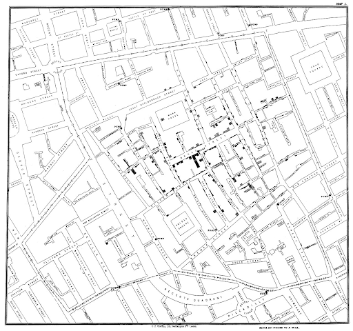 Geospatial intelligence image of the cholera outbreak map described above