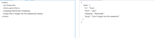 XML vs JSON side-by-side comparison of code demonstrating that they're quite similar