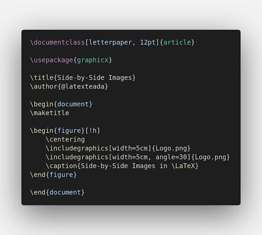 Code to add two pictures side-by-side in LaTeX using the figure environment.