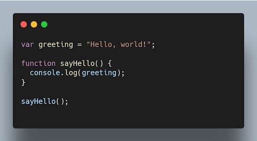 JavaScript code printing Hello World using hoisting.